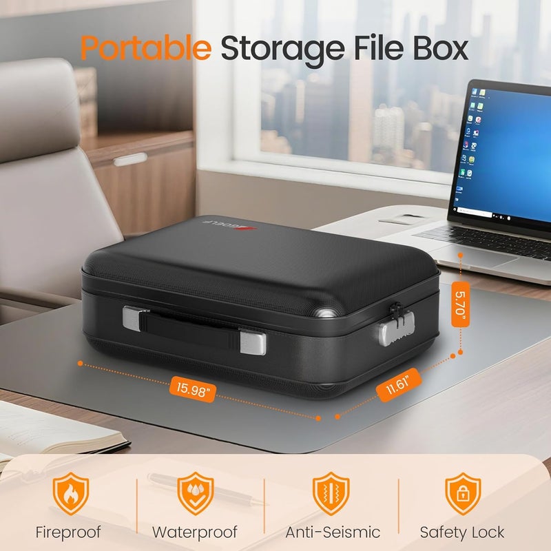 GOELF Fireproof Document Box with Lock, 5200°F Fireproof Water Resistant Hard Case File Organizer Safe Box for Important Documents, Certificates, Laptop, Passports (Black) - Image 2